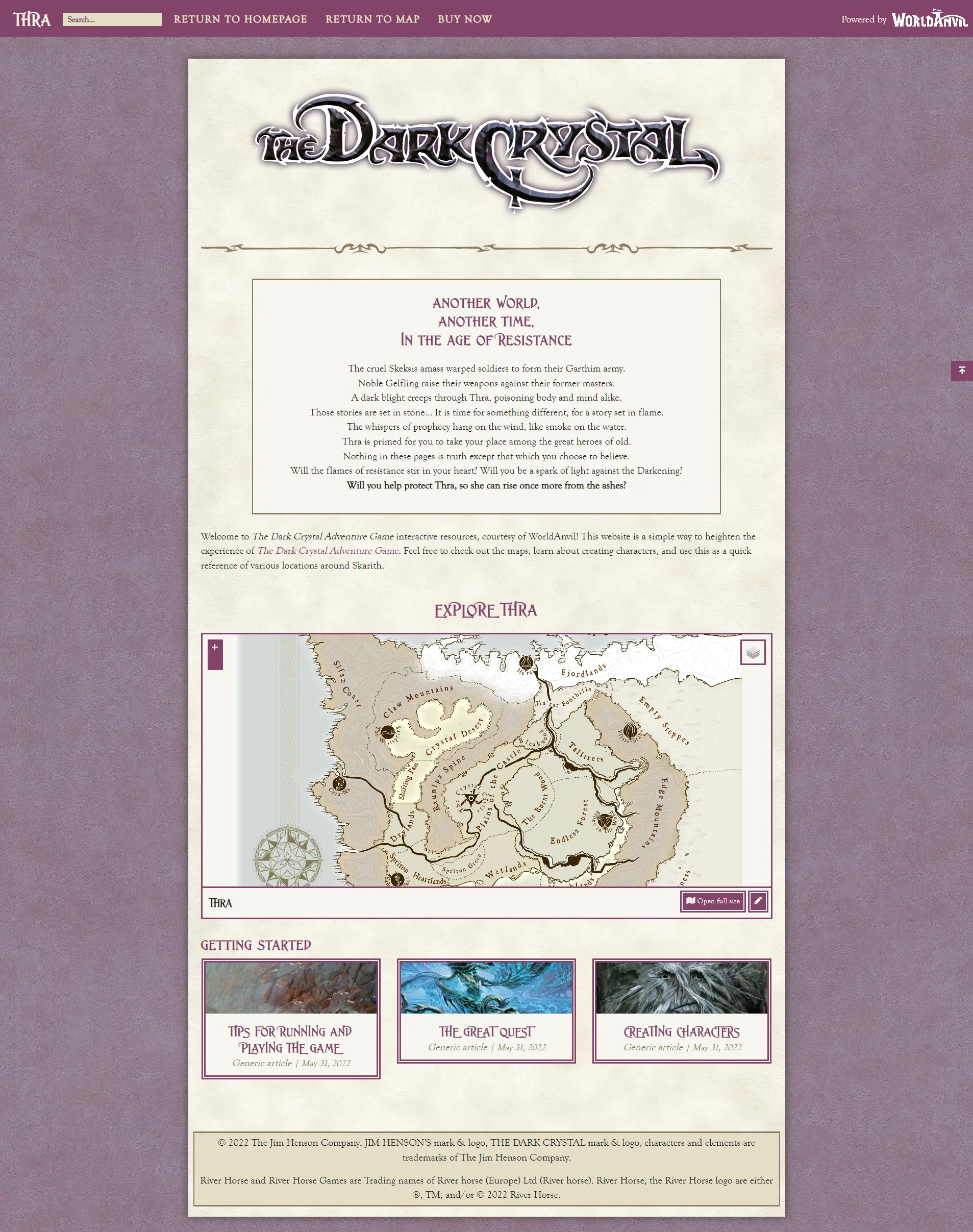 Screenshot of the Thra homepage, with The Dark Crystal logo at the top. The background is a faded purple leather, with yellowed parchment on top. The screenshot shows flavor text, a map, and a few links.