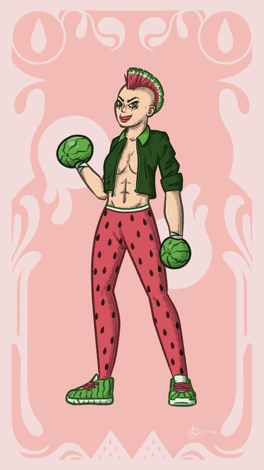A woman wearing a watermelon themed outfit. Her hair is styled as a mohawk, dyed to look like a watermelon slice. Each of her hands is inside a watermelon, or something that looks like a watermelon. She has an open jacket without an undershirt, leggings that look like the meat of a watermelon, and watermelon sneakers.