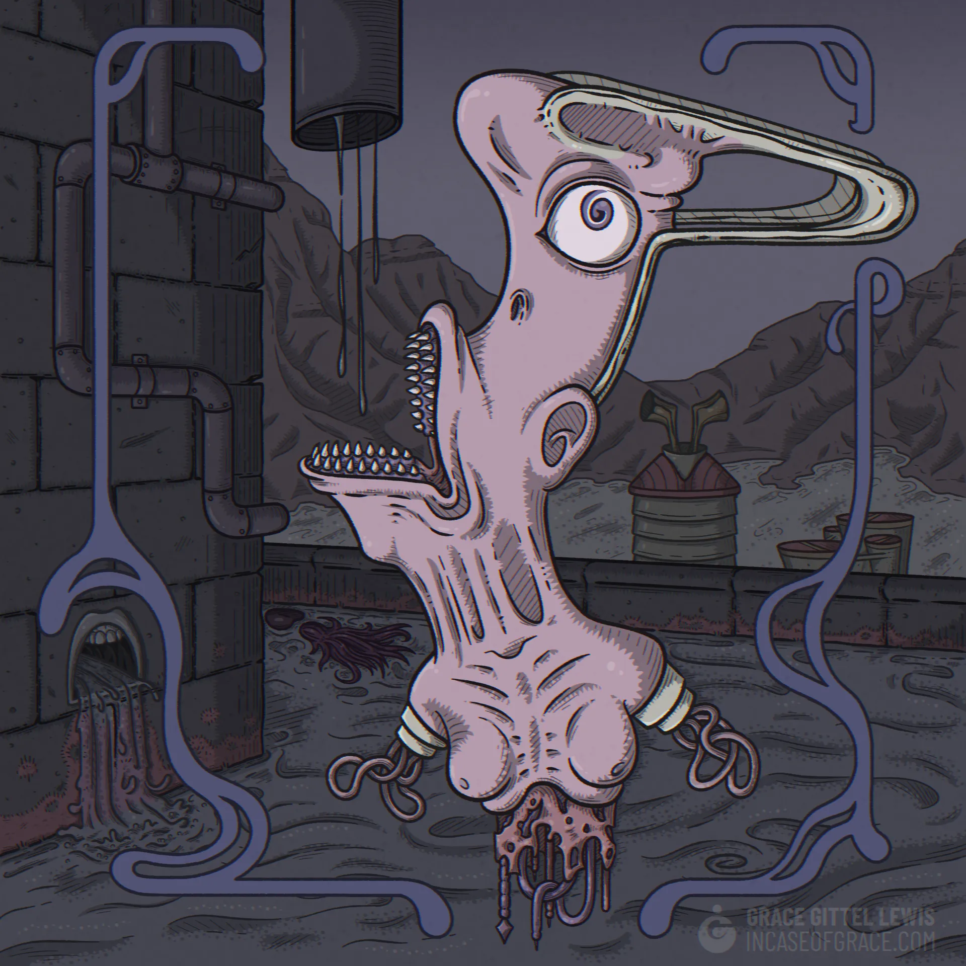 A surrealist illustration depicting a pink, fleshy figure with a long, bulbous head. A silver filigree is attached to the top of their skull, and wraps around behind their ears. Their arms are tangled red tendrils. Their torso is torn off, and a strange meaty veil barely covers myriad dangling organs. 

                        The figure's mouth is wide open to receive a few drops of a mysterious liquid being dispensed from a pipe above them.

                        Behind them is a standing pool of water, a face-down body, a mouth-fountain, a tower, and distant mountains.