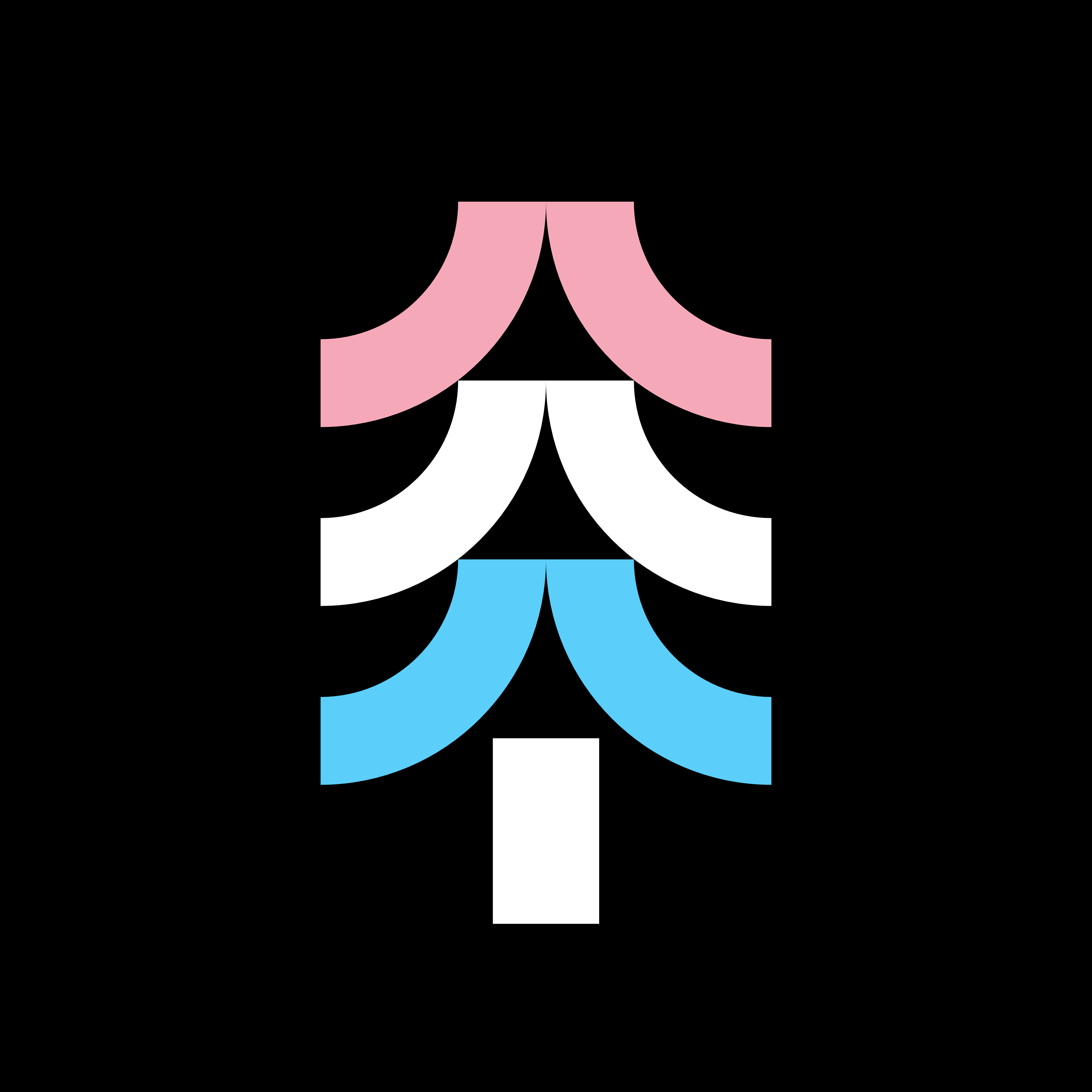 A stylized pine tree made up of arcs, in trans pride flag colors.