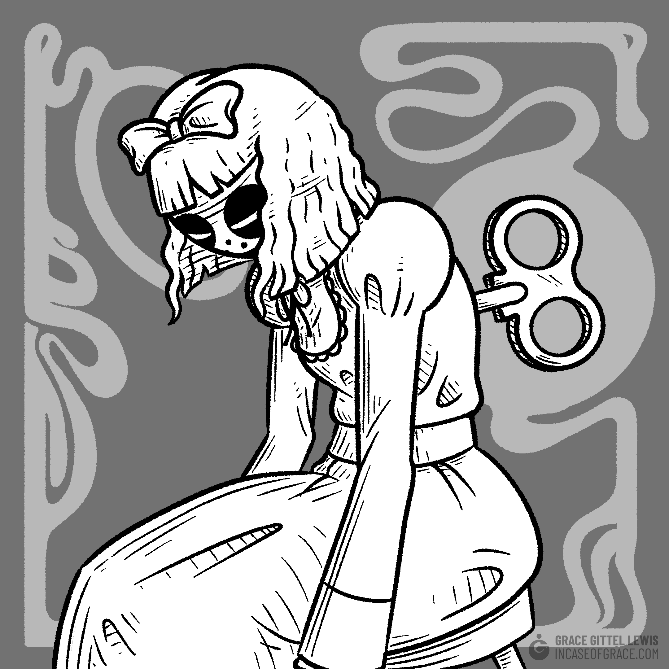 A greyscale image depicting a doll, Maria, dressed in a gothic lolita dress, who sits slumped forward on a stool. In the background is a set of Art Nouveau-style filigree, with particular attention drawn to the key in Maria's back.