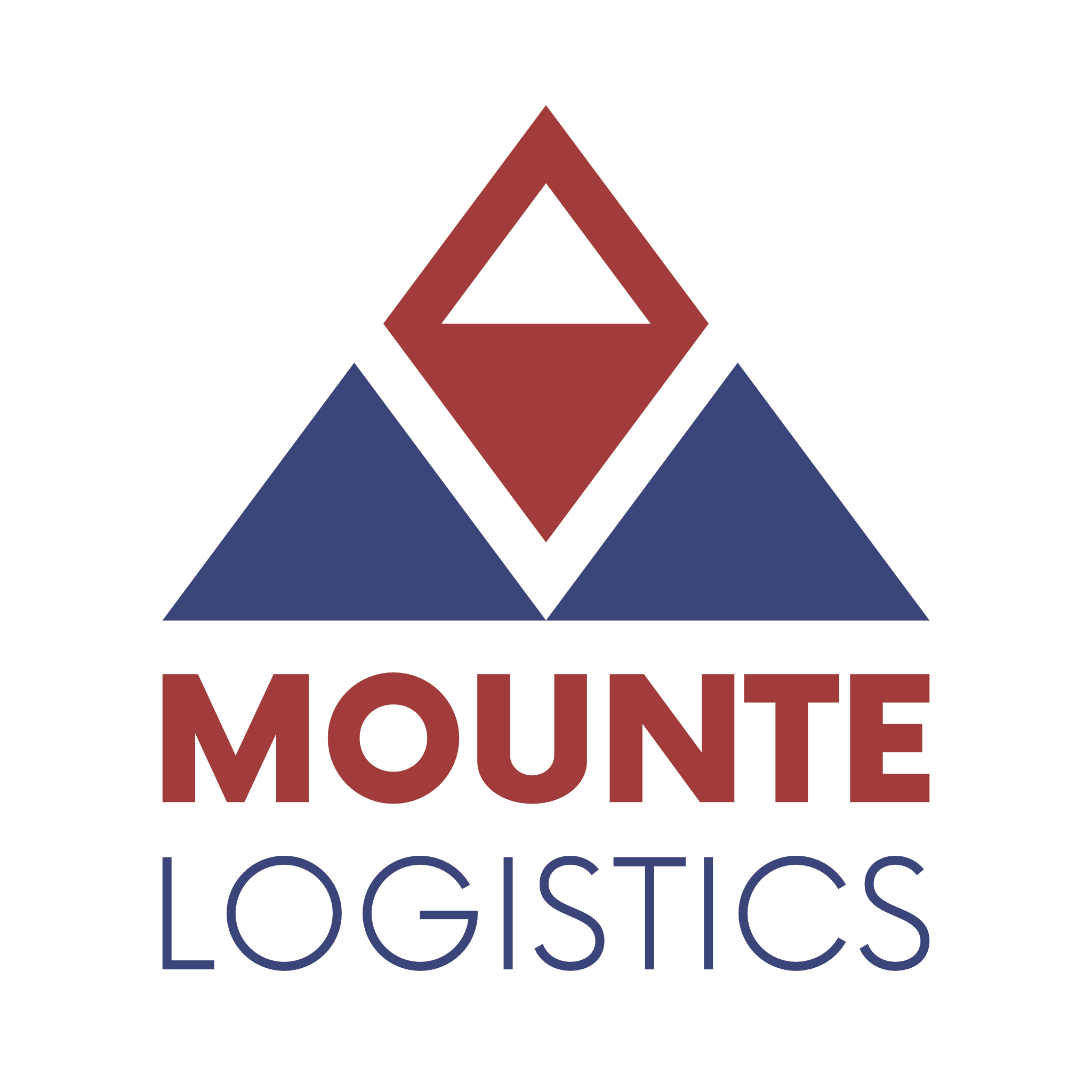 A red and blue logo depicting a mountain made of two blue triangles, and one red triangle on top. Beneath this are the words 'MOUNTE LOGISTICS' in a plain sans serif font, with the first bold red and the second thin blue.