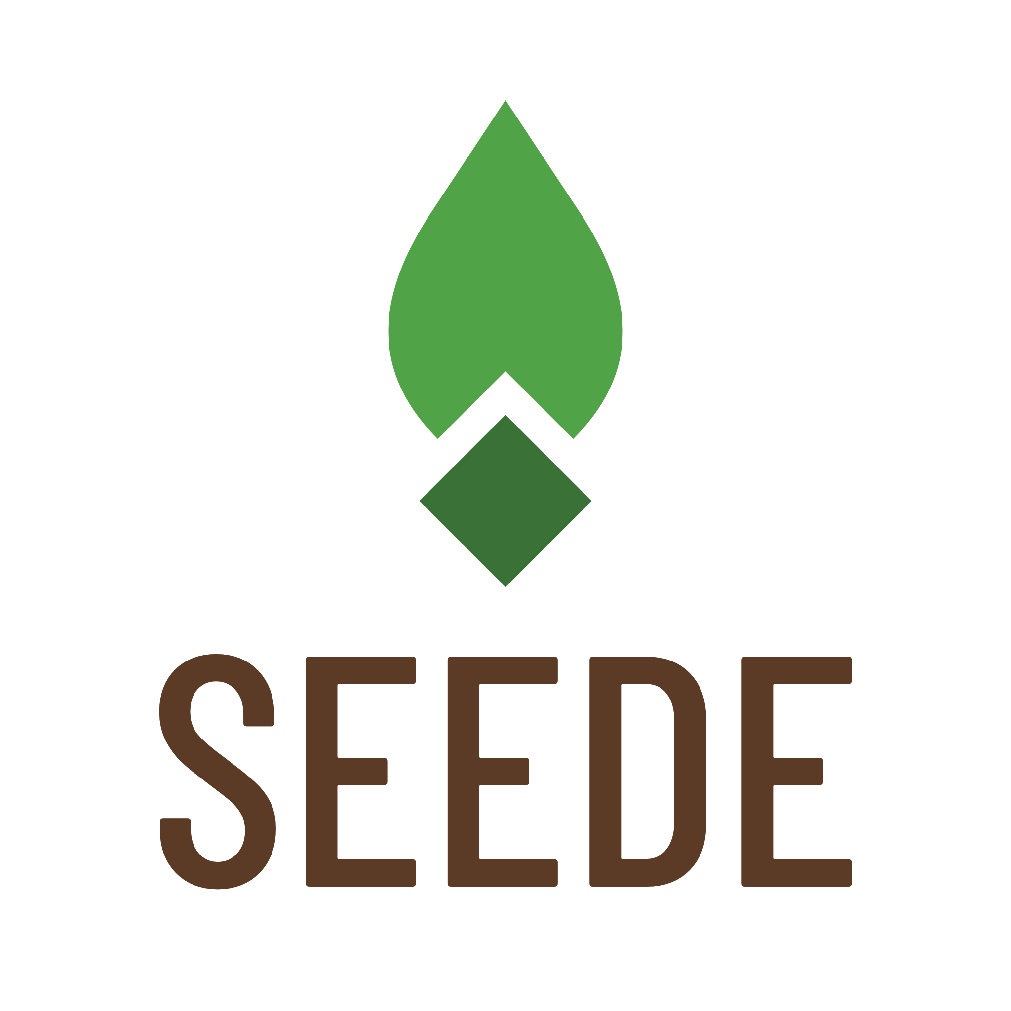 A green logo depicting a minimalist leafe coming out of a dark green diamond. Beneath, the word 'SEEDE' is displayed in a brown, thin sans serif font.