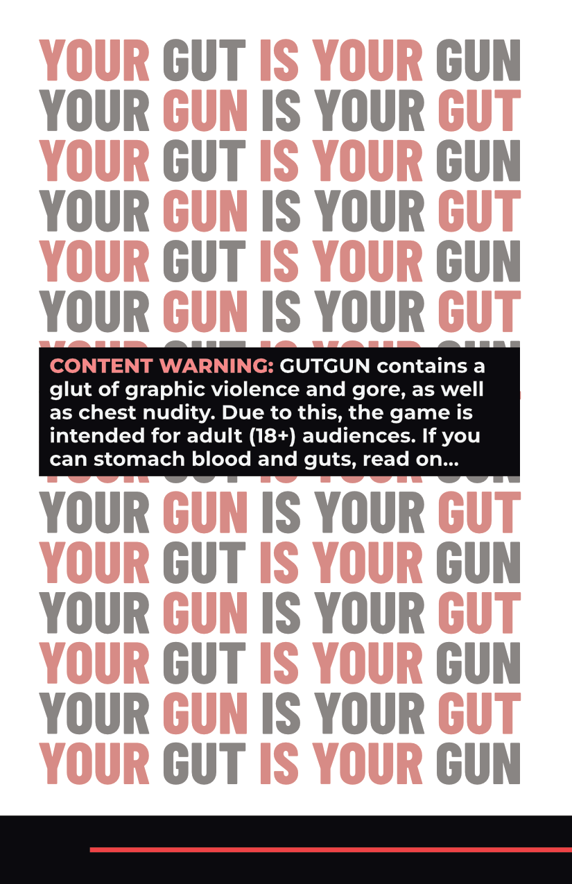 Page layout for GUTGUN, in white, black, and red.