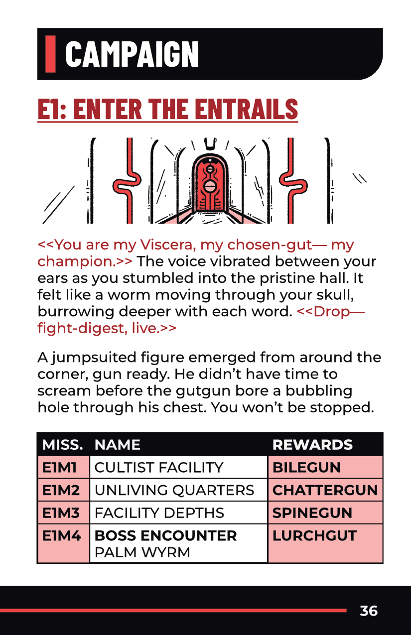 Page layout for GUTGUN, in white, black, and red.