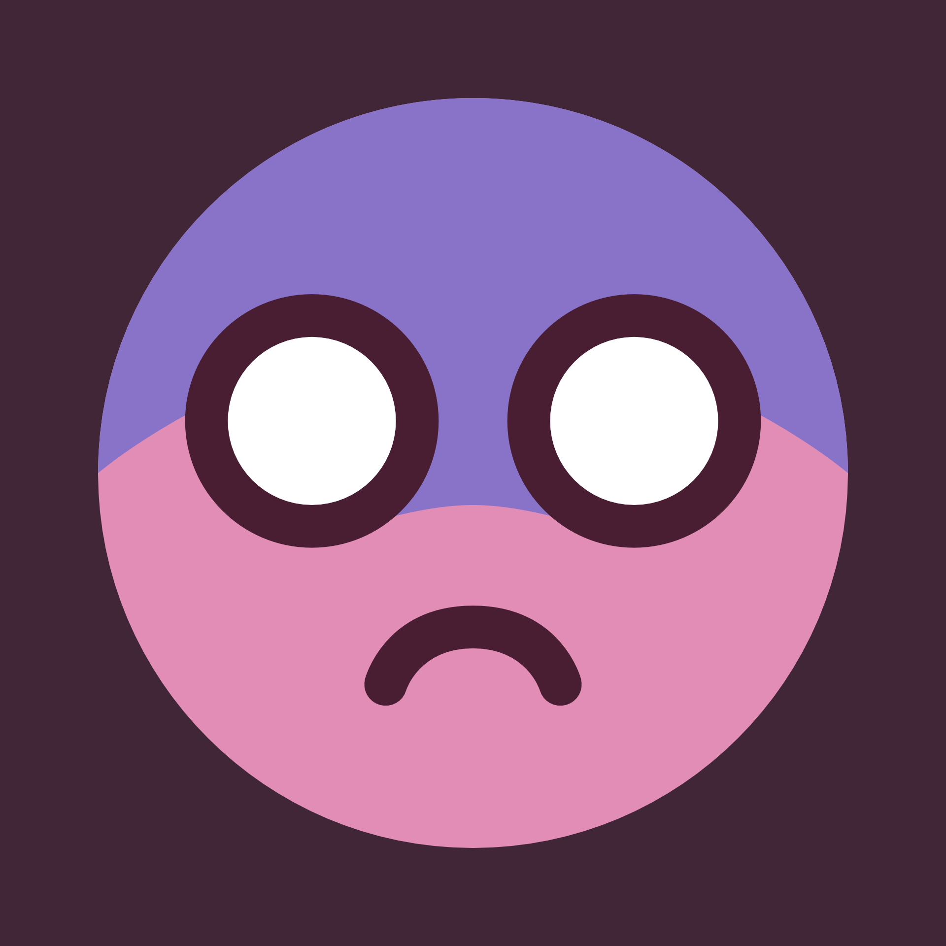 A pink emoji. It depicts a circular head with a blue forehead, wide fearful eyes, and a frown.