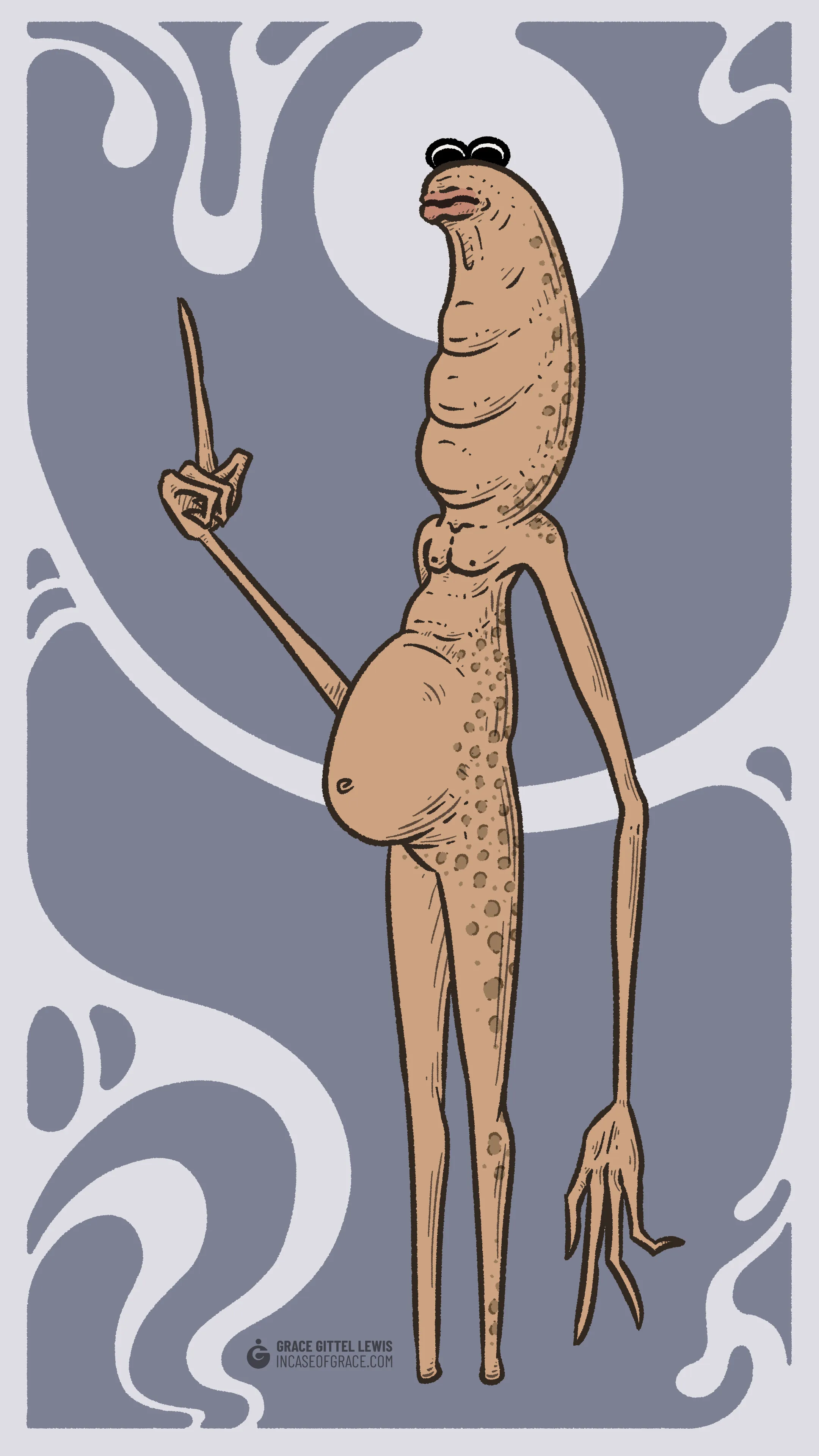 An illustration of Marcus the Worm. A orange-brown humanoid figure with elongated arms and legs. His long neck is wide and bloated, supporting a tiny head with two round eyes on top and a wide mouth sporting a nonplussed expression. He's posed pointing upward.