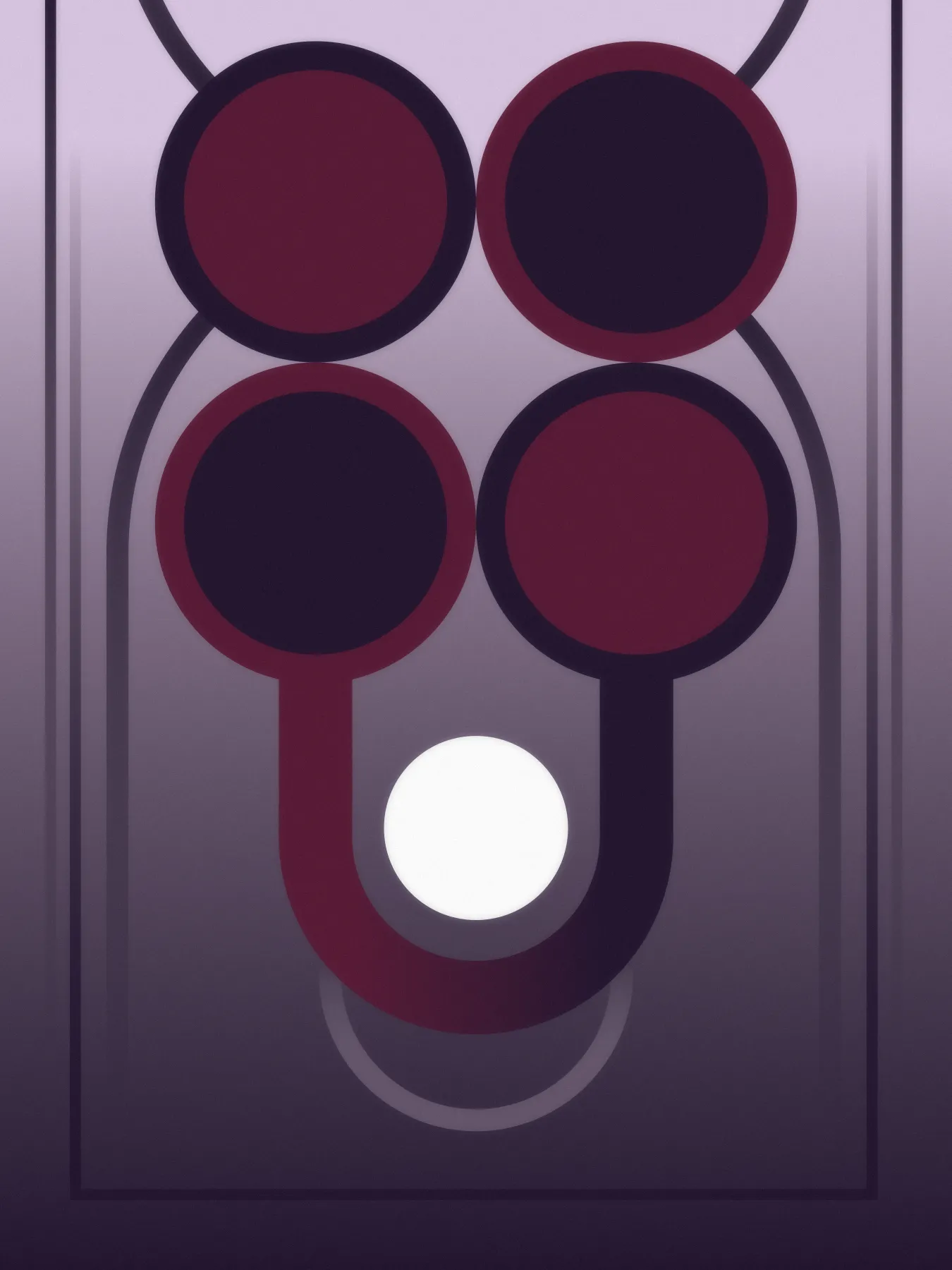 Abstract art in purple and red hues. Four circles sit in the foreground, with alternating fill and border colors. The bottom two circles are connected by a bent line which transitions from the color of one to the other.

                        A white circle is held inside the bent line, which acts as the piece's focal point.

                        Various lines in the background serve to balance and frame the composition.