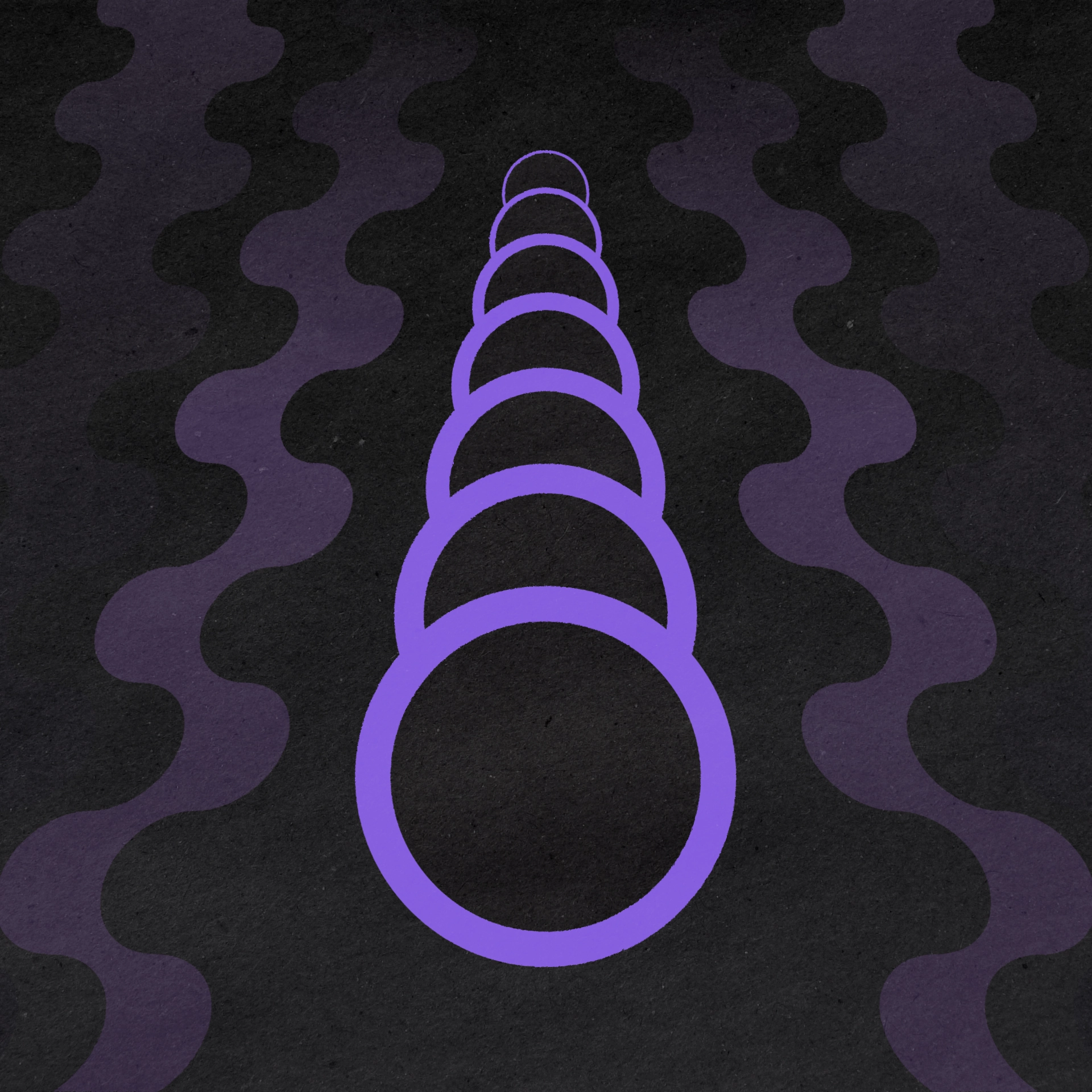 An abstract illustration depicting a series of thinning purple rings over a dark purple background. Light purple squiggles are on either side. A paper texture is overlaid the entire image.