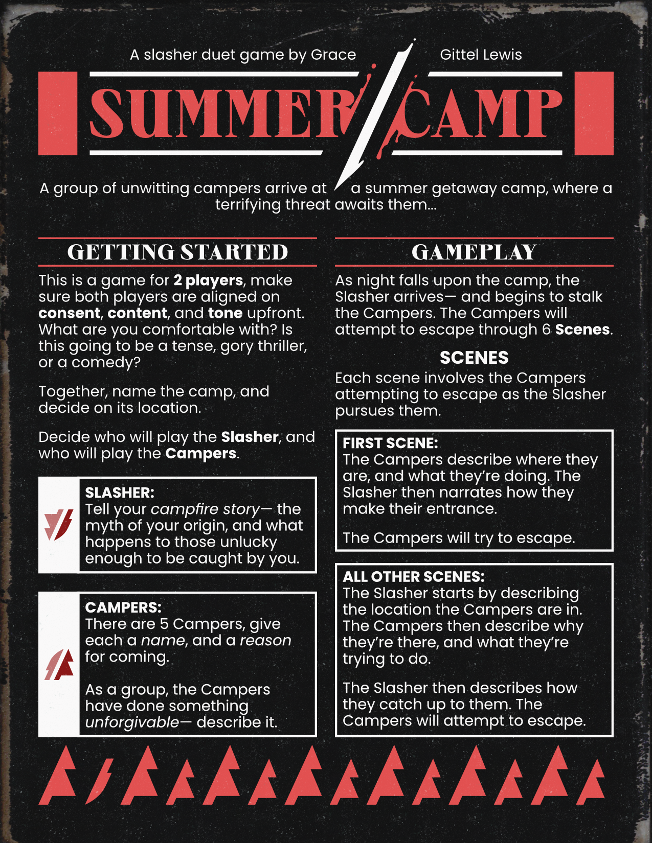 Page of a TTRPG, with a dark distressed background that resembles the sleeve of a VHS tape. White and red text sits above this.