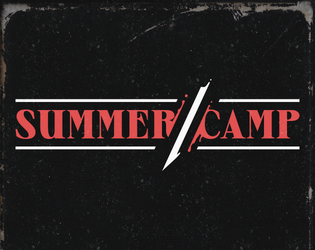 A red logo on a black background. The logo is in a tall serif font spelling out 'SUMMER / CAMP'. The white slash is pointed, and blood-like shapes spatter out of the R and C.