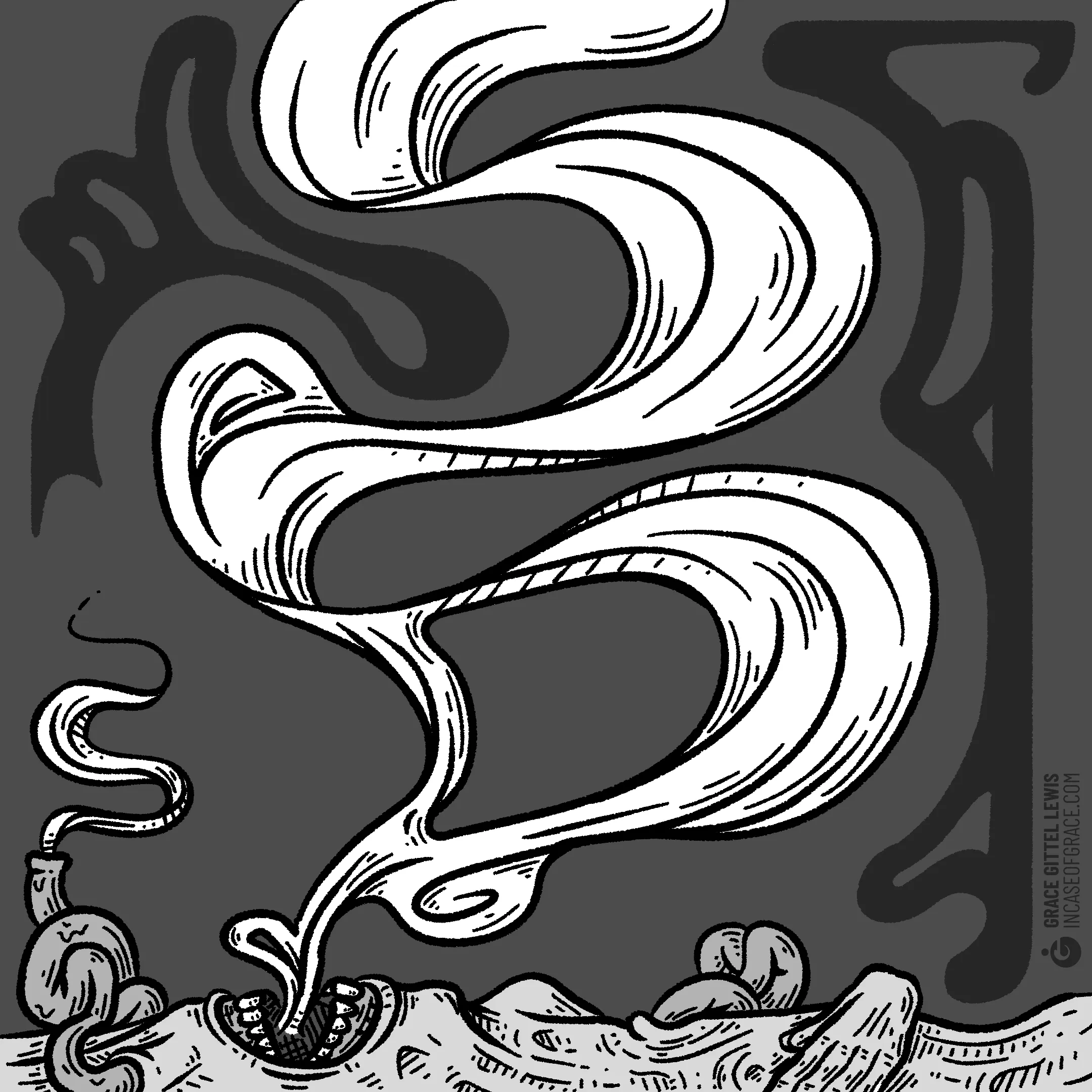 A digital surrealist illustration in grey tones. A withered human-like figure lies at the bottom, their mouth wide open. Smoke billows up from their mouth, and from a fleshy tube that extrudes from their eyeless head. A wavy filigree frames the piece.