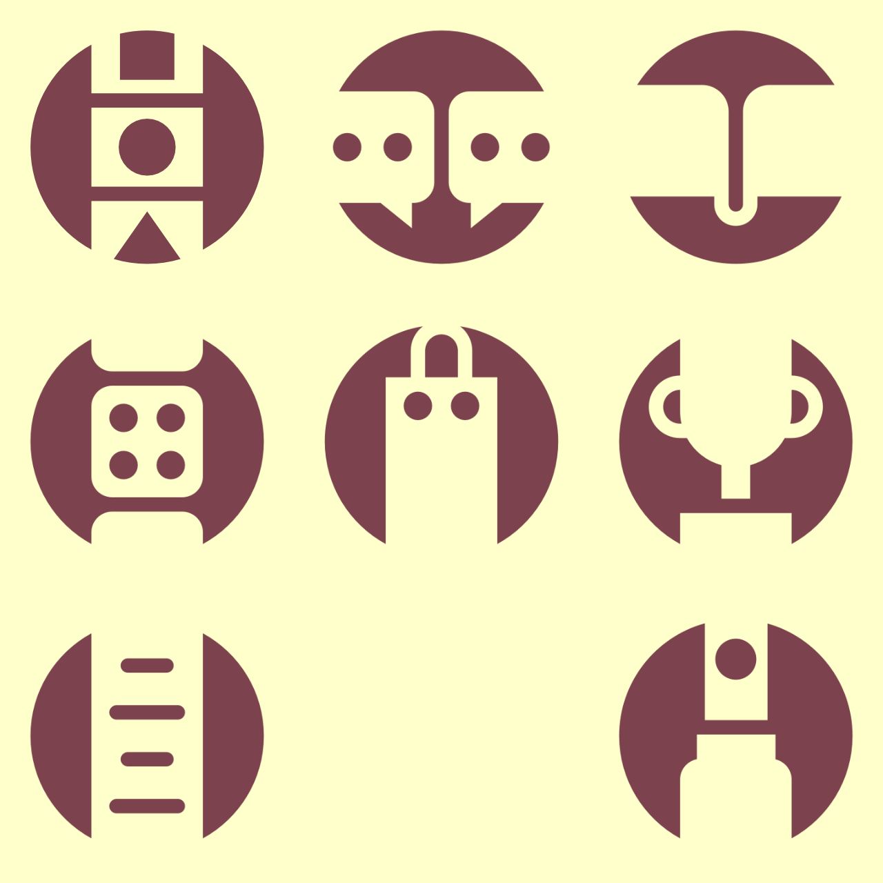 8 circular purple-red icons arranged in a grid over a yellow background. These depict, in order from top left to bottom right; three primary shapes arranged in frames, a speech bubble, an open book, three dice, a shopping bag, an award, a sheet of paper, and a tip jar.