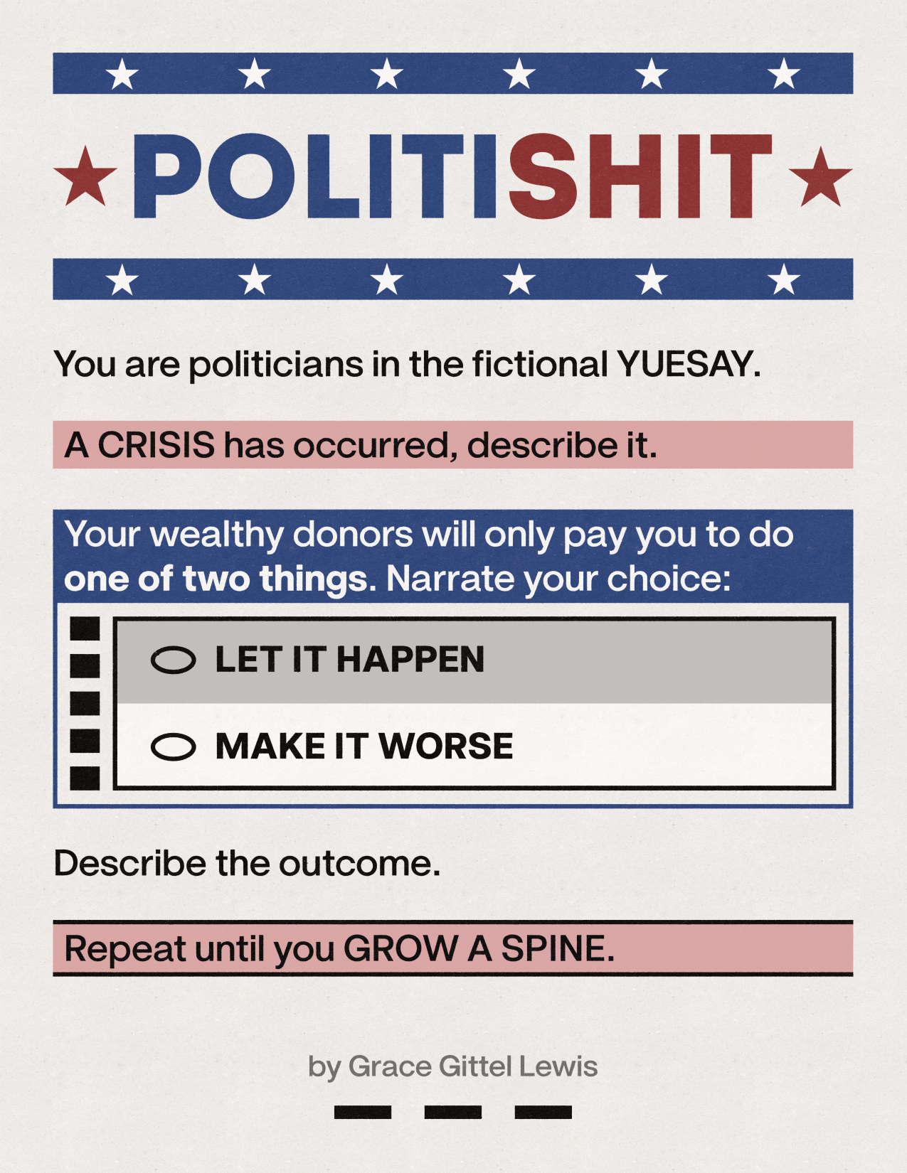 A blue and red logo for POLITISHIT, in a simple sans serif font, with a bar above and below pocked with stars.