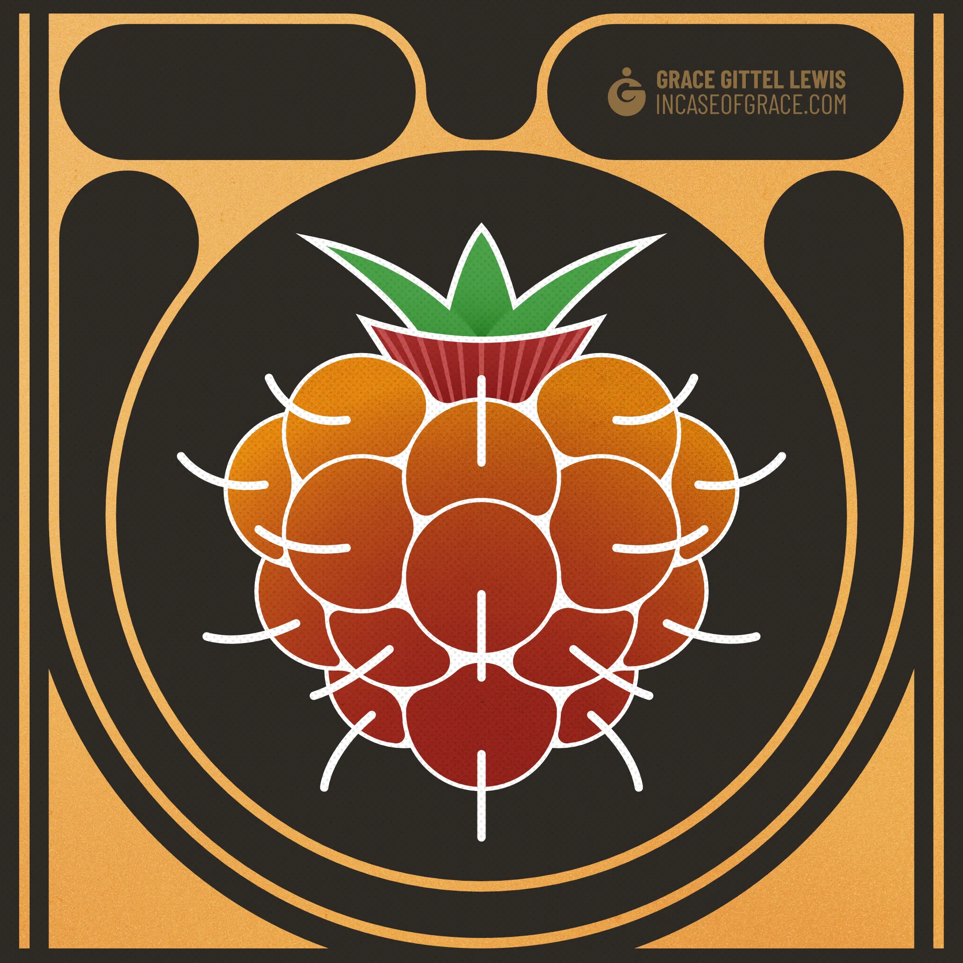 A minimalist vector piece depicting a salmonberry in a red-to-orange gradient.

                        The berry bulbs are separated by a white outline. White hairs curl out from each bulb.

                        It's topped by a plume of green leaves jutting from a crest of red hairs.

                        The background is black, with golden filigree. 

                        Over all this is a subtle halftone texture, with metal notes over the filigree.