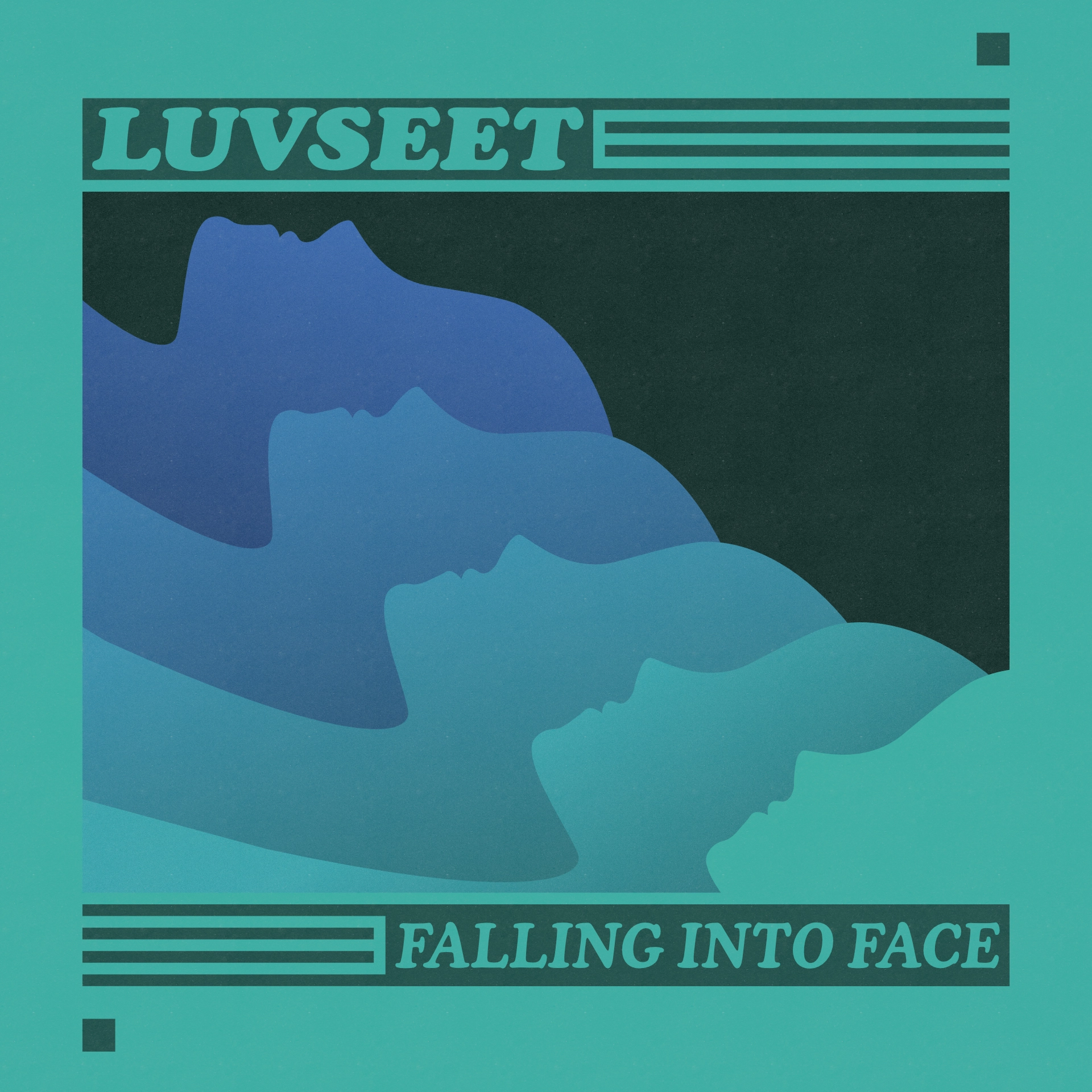 An album cover in turquoise hues. The artist title reads 'LUVSEET', with the album title reading 'FALLING INTO FACE'. Between them is a series of faces with a blue-to-turquoise gradient falling into the bottom right corner, where the final face blends in with the frame's color.