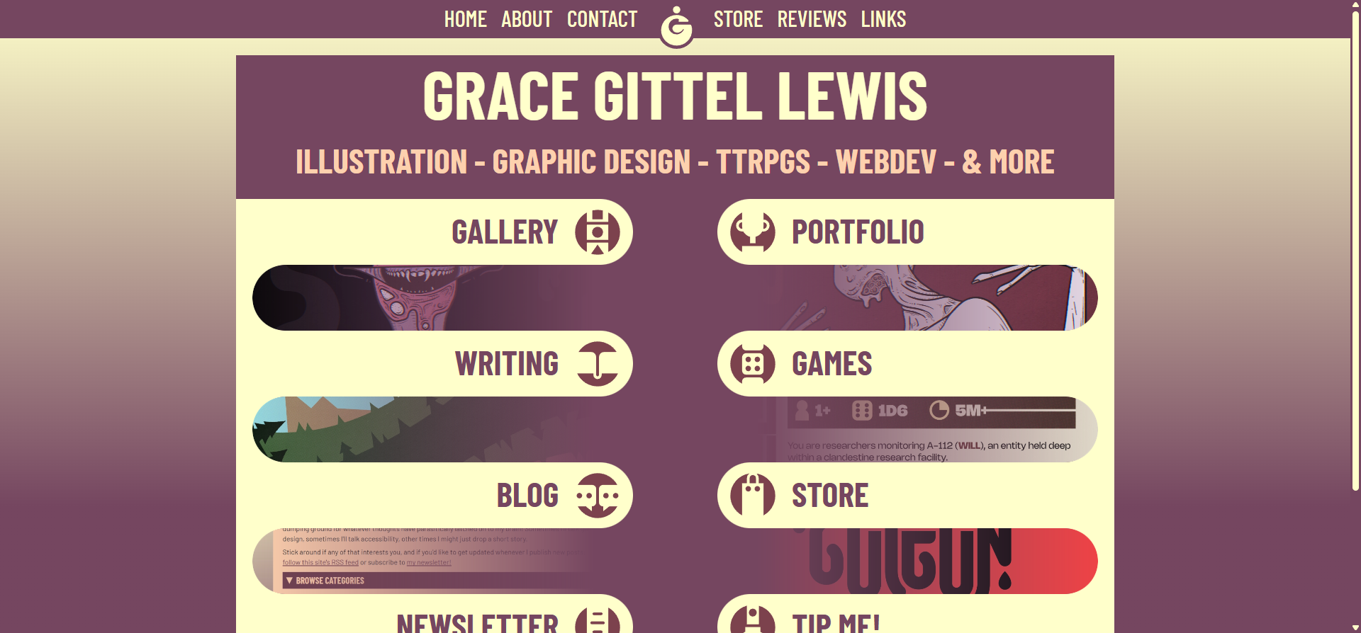 Screenshot of the Incaseograce homepage, in purple and yellow. At the top is the title 'GRACE GITTLE LEWIS', followed by the subtitle 'ILLUSTRATION, GRAPHIC DESIGN, TTRPGS, WEBDEV, AND MORE'. Under this is an array of 8 rounded navigation buttons with icons and preview images underneath.